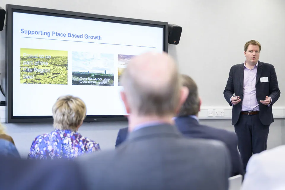 David Richardson, Chief Entrepreneurial Executive for Heriot-Watt University outlined his vision for supporting the Business and Enterprise community in the South of Scotland. A person presents on front of a screen that reads 'Supporting place-based growth'.