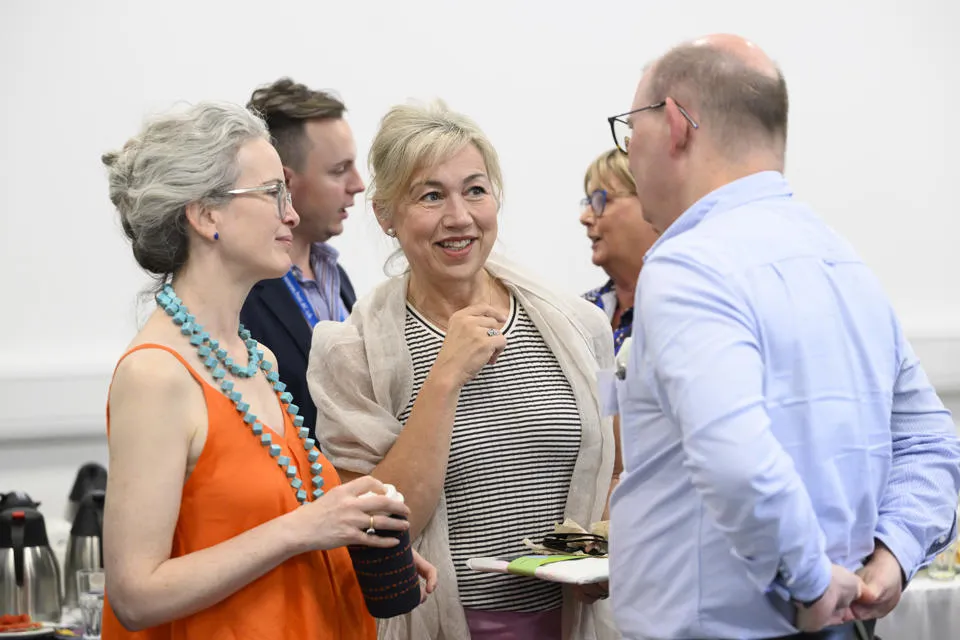 Groups discussed collaborative ideas for design for ageing, sustainable medical textiles and medical device manufacturing. A group engaged in networking conversation
