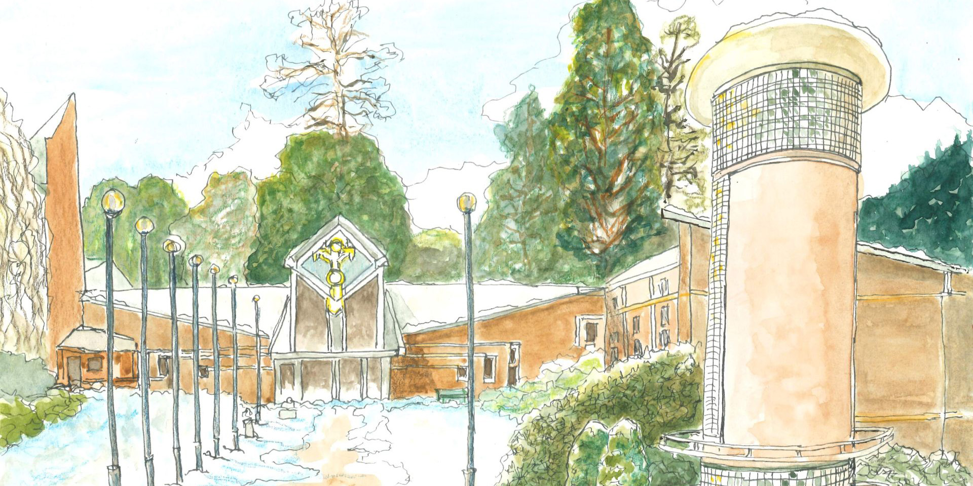 Watercolour drawing: snow scene of exterior Heriot-Watt University main reception 