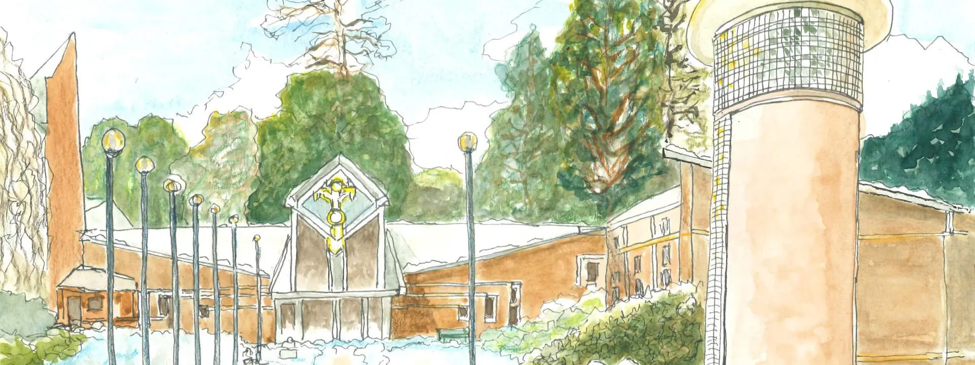 Watercolour drawing: snow scene of exterior Heriot-Watt University main reception