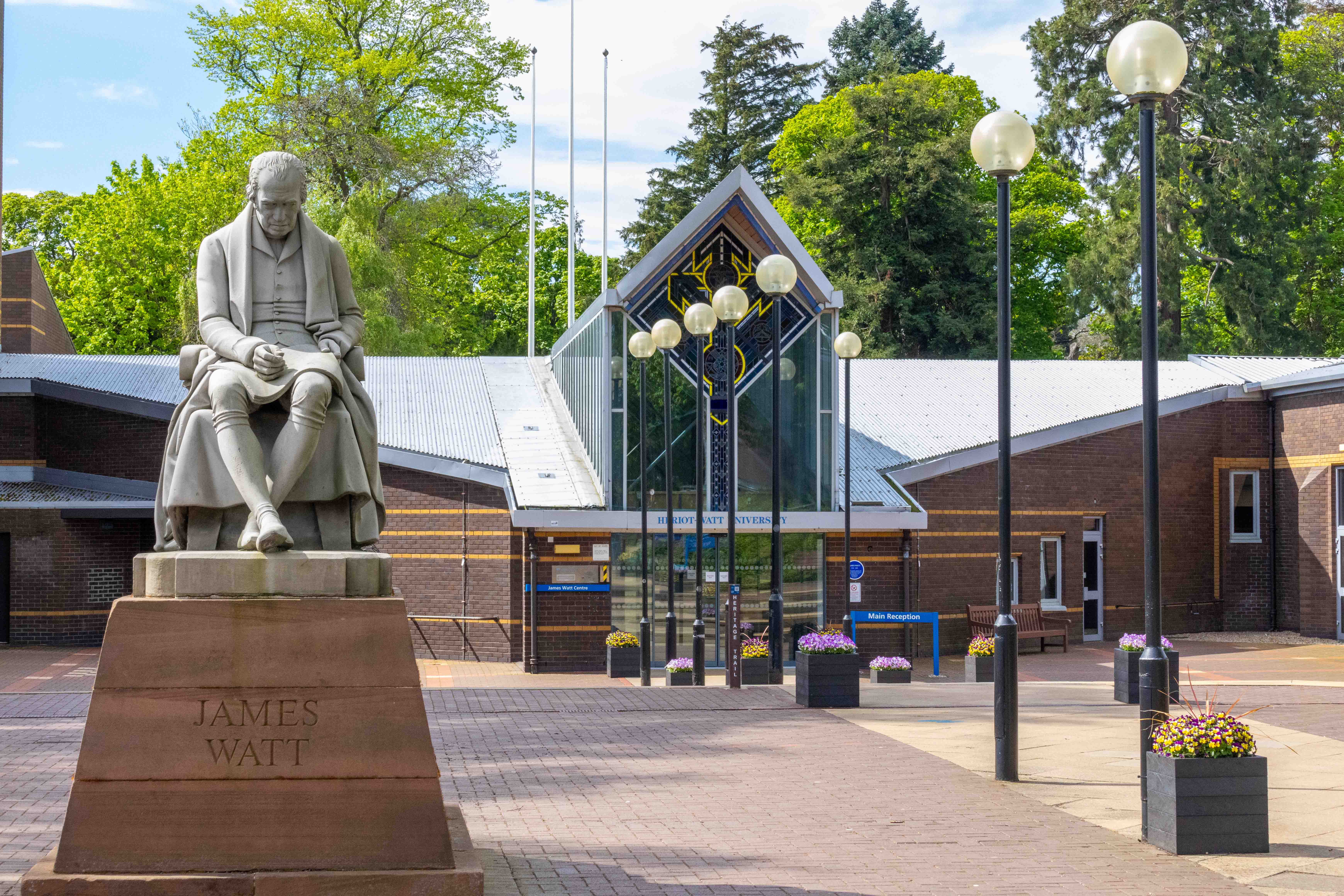 Image shows the main entrance of Heriot-Watt University. 