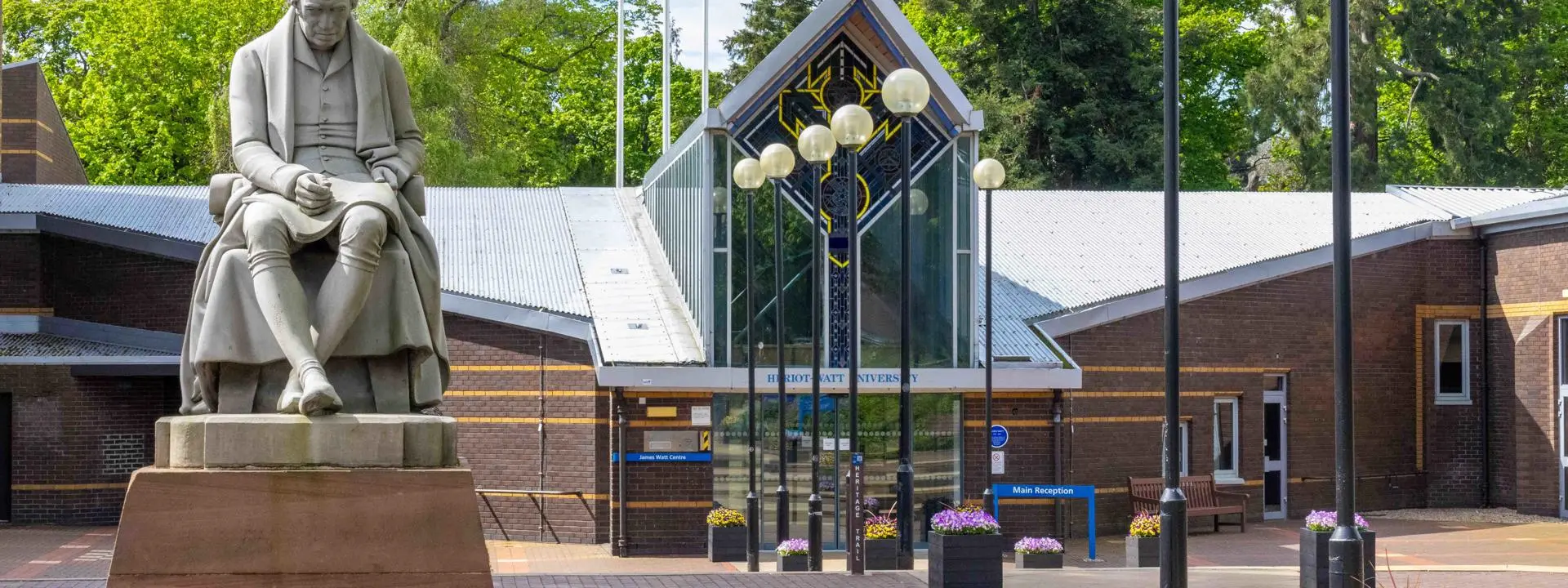 Image shows the main entrance of Heriot-Watt University.