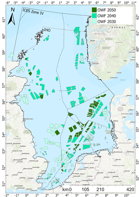 Map showing a plausible arrangement of offshore wind farms in the North Sea in 2050.