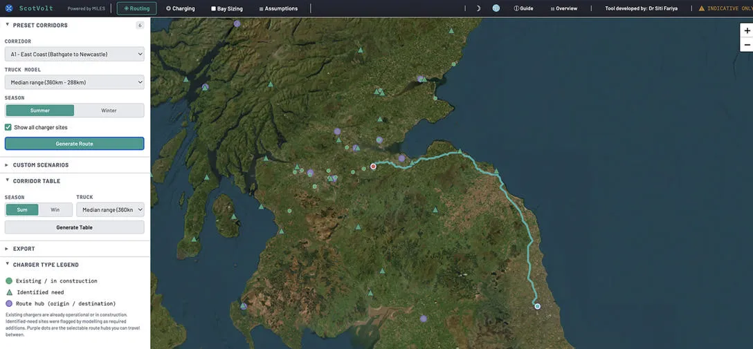 A ScotVolt routing map of the A1 from Bathgate to Newcastle showing where electric charging already exists or is in construction (green dot) and where new charging needs have been identified (green triangle). A ScotVolt routing map of the A1 from Bathgate to Newcastle showing where electric charging already exists or is in construction (green dot) and where new charging needs have been identified (green triangle).