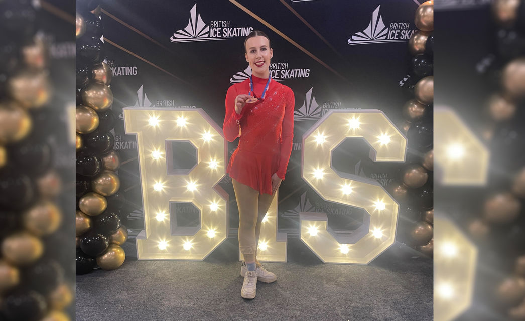 Bronwyn Jeffries winning her ‘Silver’ category bronze medal for figure skating at the British Ice Skating Adult National Championships in Sheffield in March. 