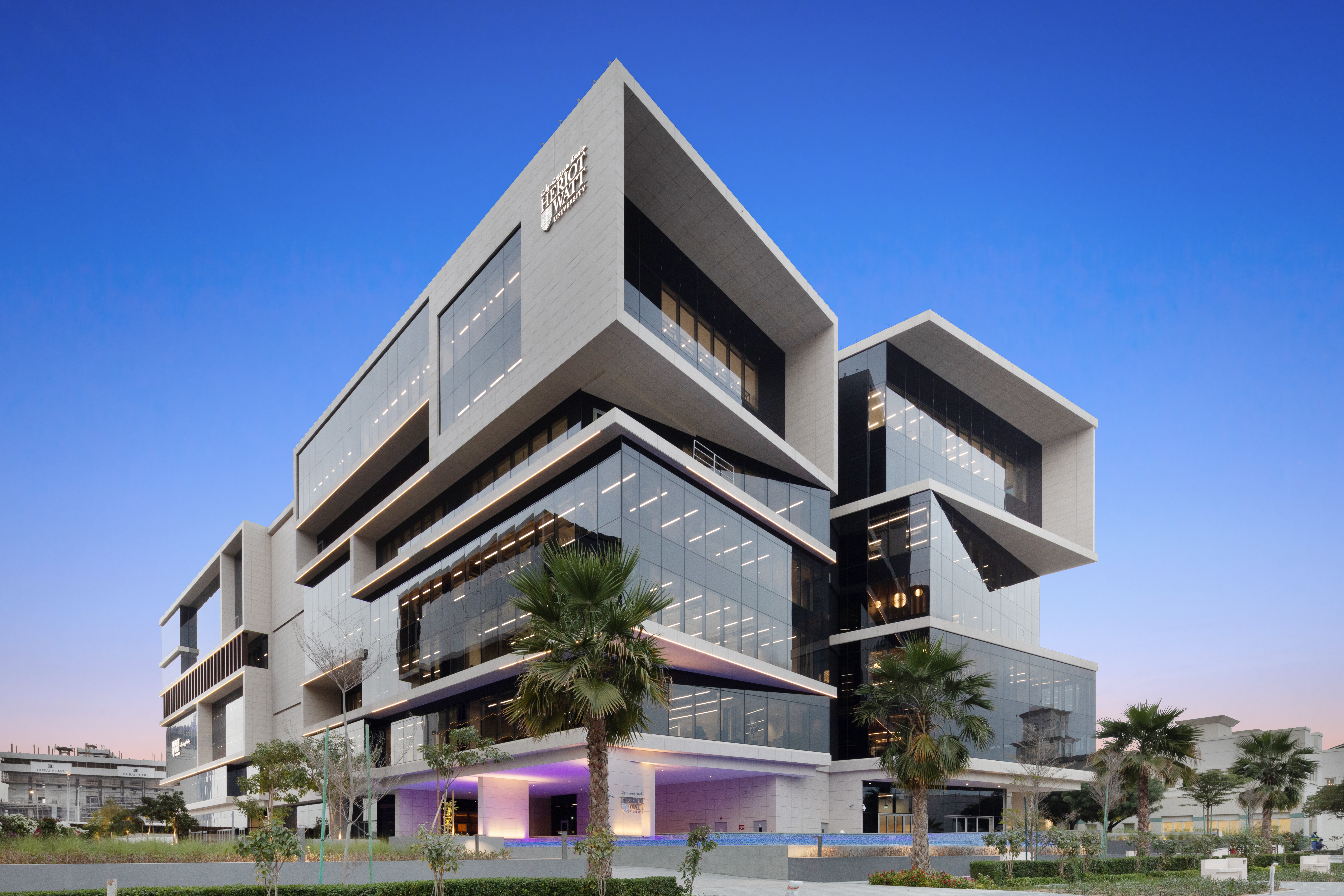 Dubai campus building infront of the sunset