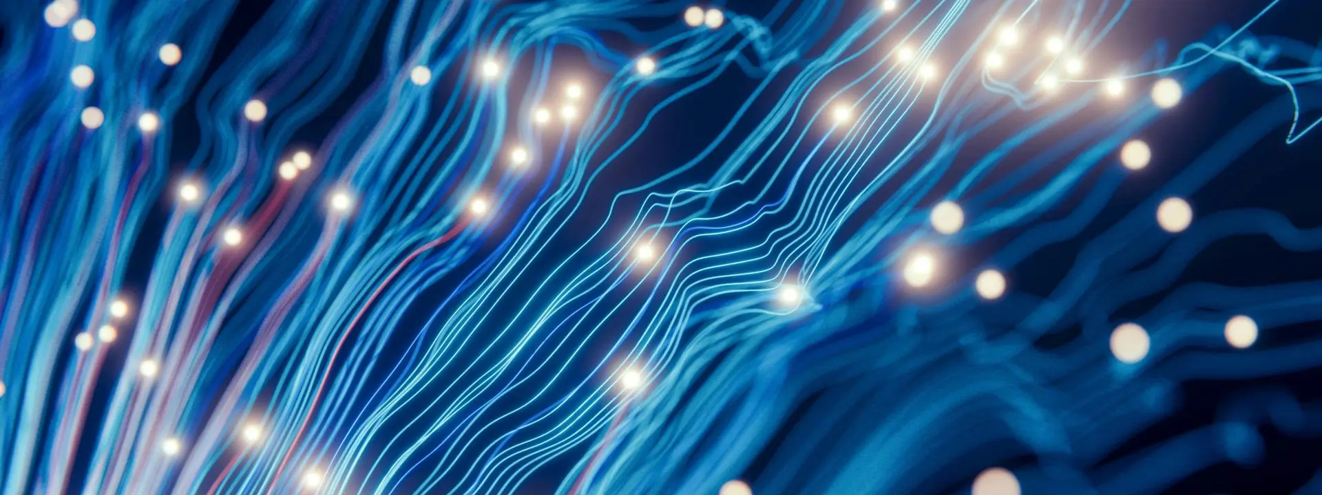 An AI themed image with blue wires with bright lights at the end of them that look like neurons,