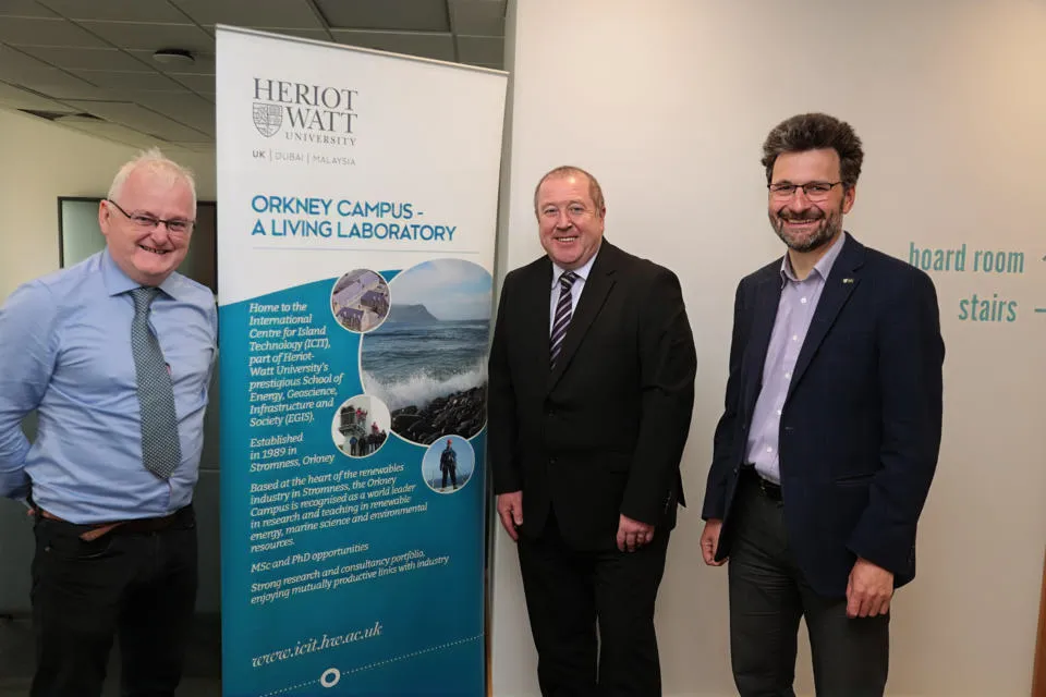 L to R: Professor Steve McLaughlin, Vice-Principal and Provost of Heriot-Watt University; The Minister for Higher and Further Education; and Minister for Veterans, Graeme Dey; MSP Professor Sandy Kerr, Director of ICIT at Heriot-Watt's Orkney. L to R: Professor Steve McLaughlin, Vice-Principal and Provost of Heriot-Watt University; The Minister for Higher and Further Education; and Minister for Veterans, Graeme Dey; MSP Professor Sandy Kerr, Director of ICIT at Heriot-Watt's Orkney.