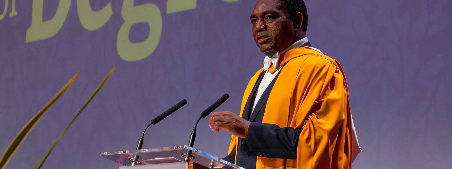 President Hakainde Hichilema pictured receiving his honorary degree, on stage at the Edinburgh campus.