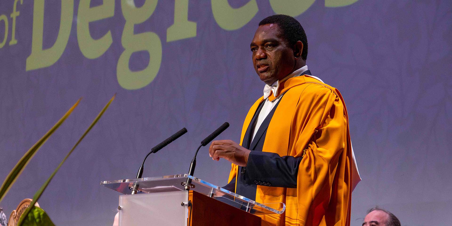 President Hakainde Hichilema pictured receiving his honorary degree, on stage at the Edinburgh campus. 