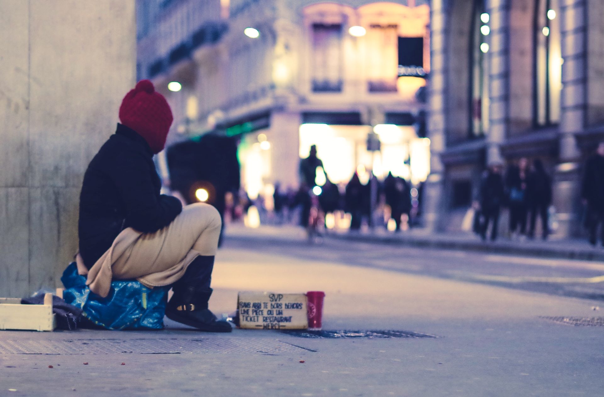 A street scene with homeless person