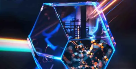 Image shows computerised image of molecules and a generic shot of a factory stack.