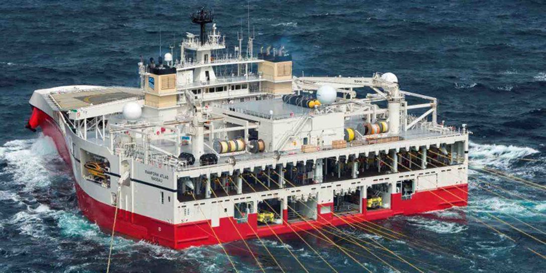 The Ramform Atlas, the world's largest seismic ship that acquired the 3D date used in this study. Image copyright TGS. Ramform Atlas, the world's largest seismic ship that acquired the 3D date used in this study.