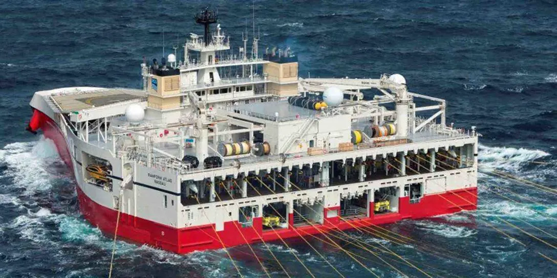 The Ramform Atlas, the world's largest seismic ship that acquired the 3D date used in this study. Image copyright TGS. Ramform Atlas, the world's largest seismic ship that acquired the 3D date used in this study.
