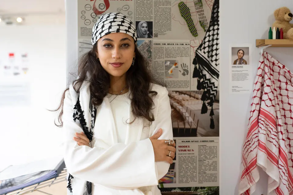 Habiba Soliman showcasing her Design for Disaster project at the 2024 Degree Show for Heriot-Watt School of Textiles and Design. Habiba Soliman, an Interior Design student at Heriot-Watt University