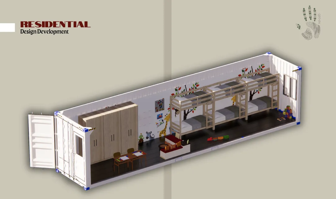 A detail from Habiba's proposal, showing what a residential unit might look like. Model of a residential unit inside a shipping container.