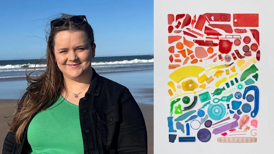 Rhianne Dagg and her rainbow collage of ocean waste. Rhianne Dagg and her rainbow collage of ocean waste.