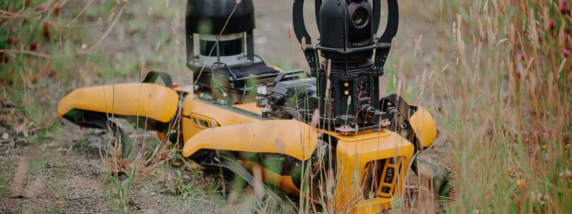 A yellow and black Boston Dynamics Spot robot dog, equipped with sensors and cameras.