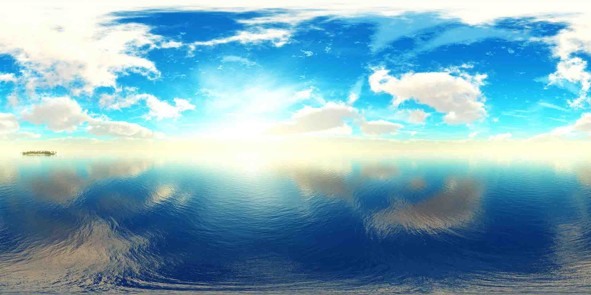 Image shoes a still ocean and sky. 