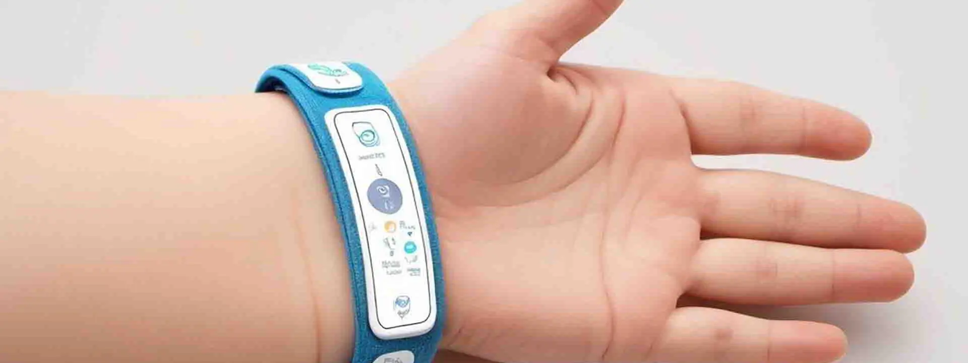 Chilld's arm outstretched on a table, wearing a conceptual design of the wristband around the wrist.