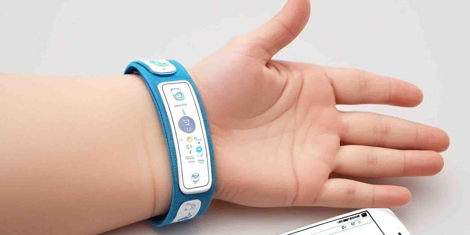 Chilld's arm outstretched on a table, wearing a conceptual design of the wristband around the wrist.