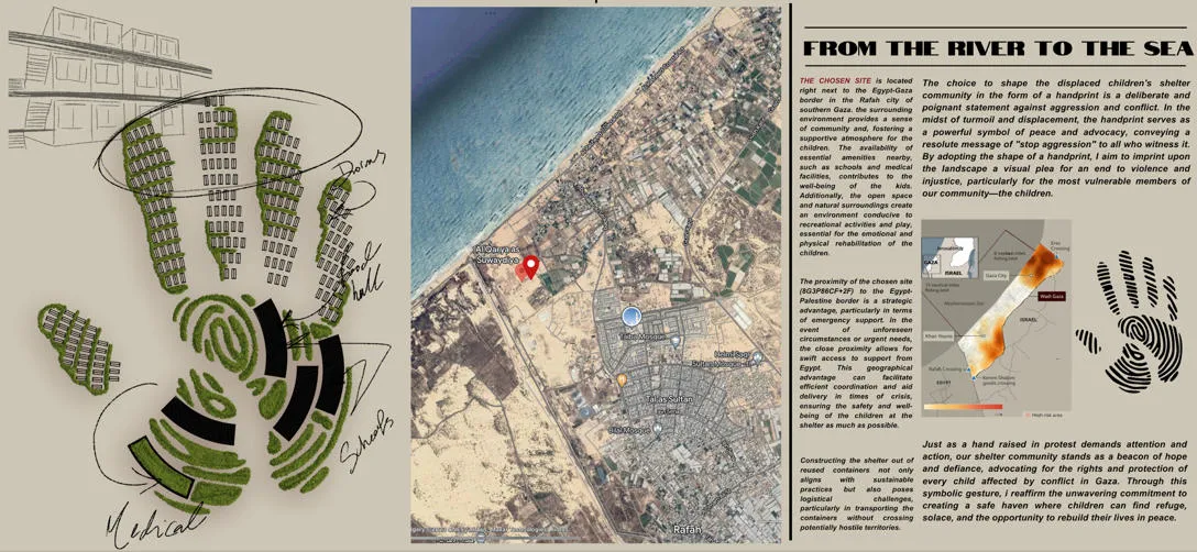 A detail from Habiba's proposal. A handprint layout and map showing an area of Gaza.
