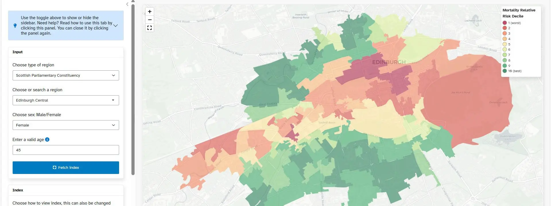 Map of different Edinburgh neighbourhoods colour-coded in shades of green, yellow and orange