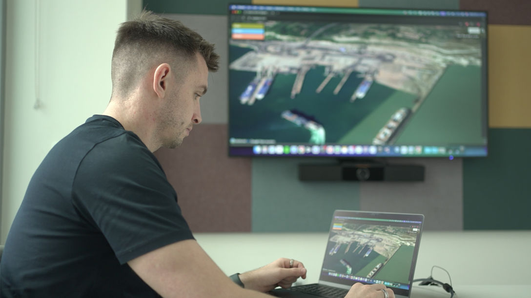 TransiT researcher Daniel Mitchell using visualisation software as part of his digital twinning research at the Port of Dover. TransiT researcher Daniel Mitchell using visualisation software.