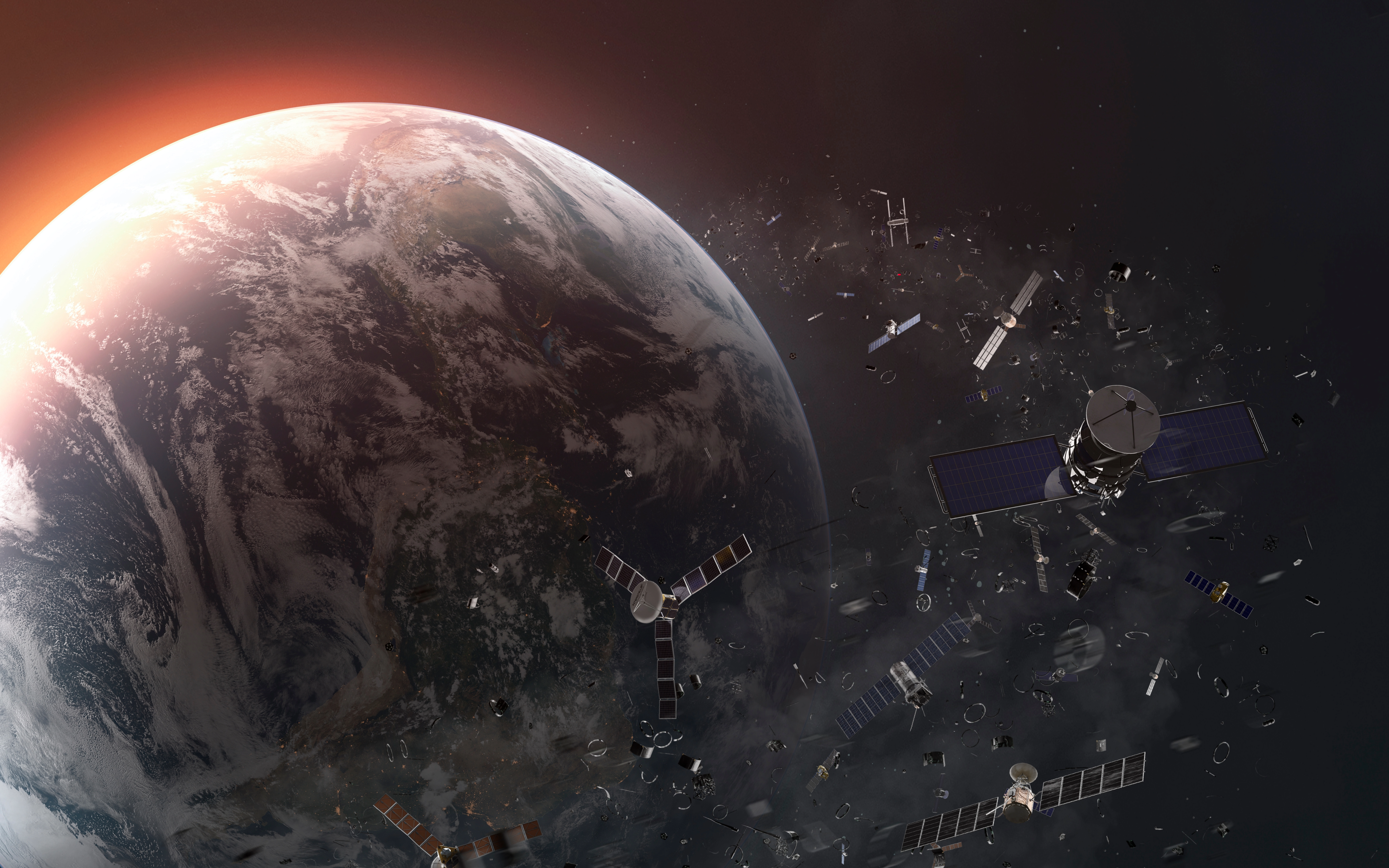 The image shows Earth with space debris and defunct satellites orbiting above
