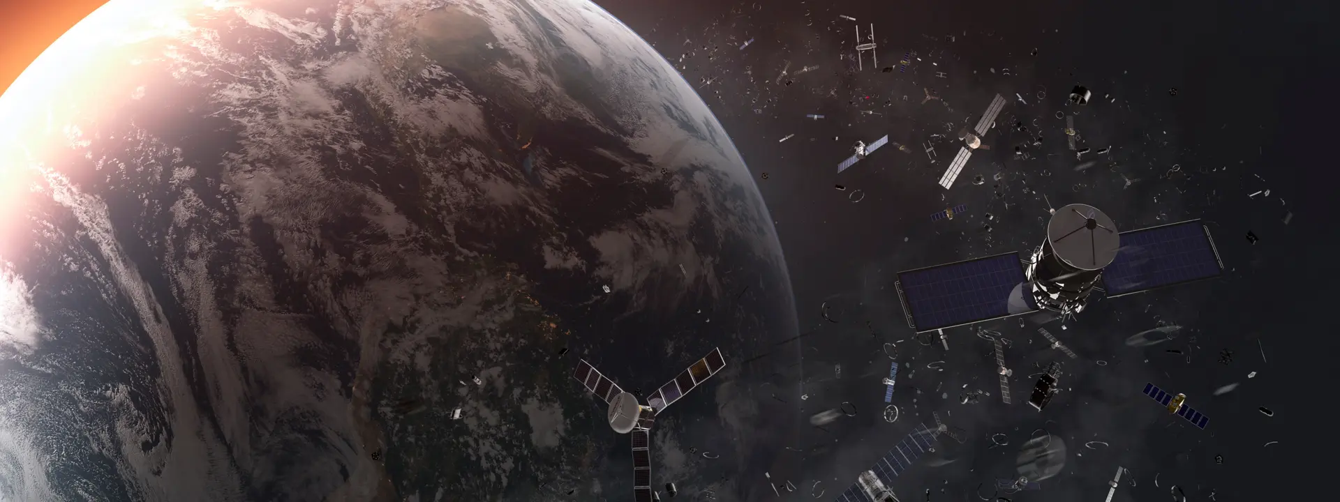 The image shows Earth with space debris and defunct satellites orbiting above