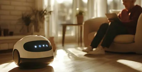 A white care robot with glowing blue lights sits on the floor, while an older woman uses a tablet in the background.