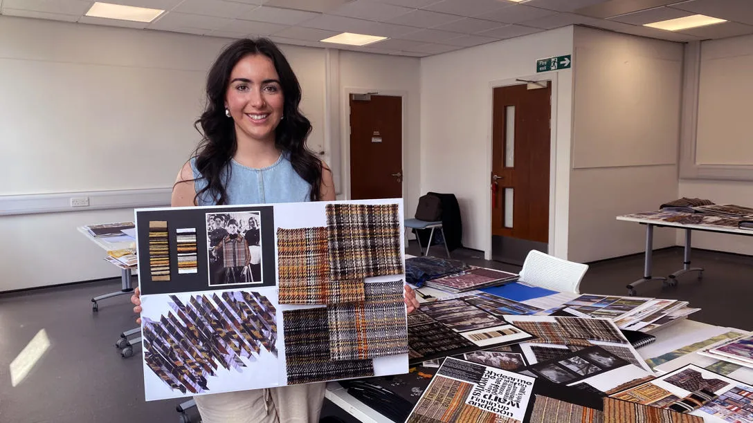Project winner Megan Beattie, with her woven wool samples inspired by the powerful women of the textile industries in Dundee and Shetland. Project winner Megan Beattie, with her woven wool samples.
