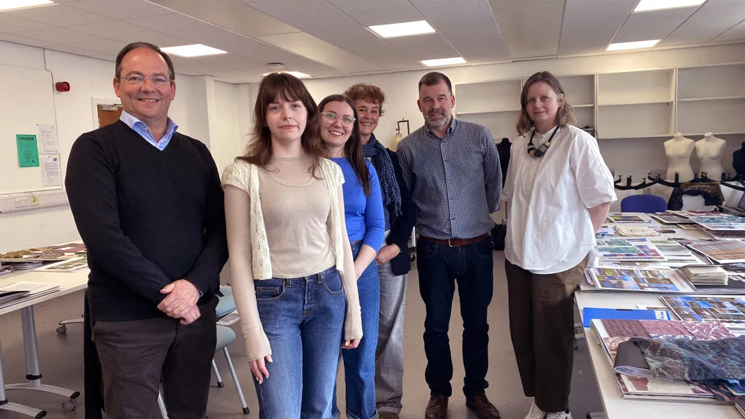 The Jamieson & Smith and Heriot-Watt staff team. From left to right: Daniel Isbecque, Managing Director of Curtis Wool; Rebecca Baxter and Ella Gordon from Jamieson & Smith; Fiona Pankhurst, Assistant Professor in Woven Textile Design at Heriot-Watt School of Textiles and Design; Alan Thornber, Jamieson & Smith’s yarn agent and Angela Cassidy, Assistant Professor in Knit Design at Heriot-Watt School of Textiles and Design. The Jamieson & Smith and Heriot-Watt staff team.
