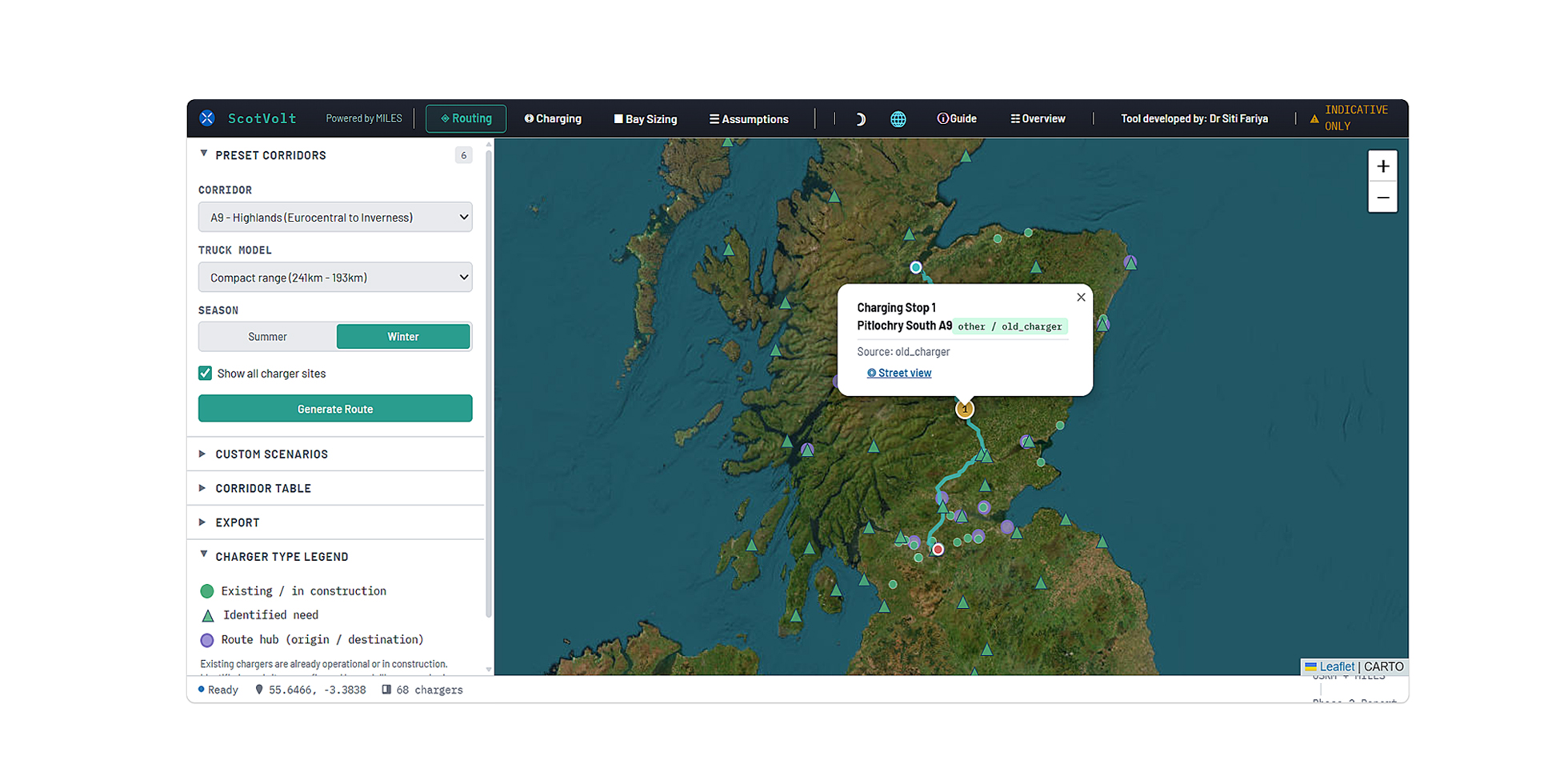 A ScotVolt routing map, showing where an electric truck would need to be charged on the A9 from Eurocentral in North Lanarkshire to Inverness.