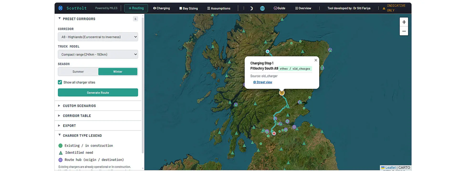 A ScotVolt routing map, showing where an electric truck would need to be charged on the A9 from Eurocentral in North Lanarkshire to Inverness.