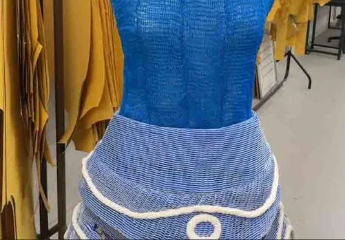 The three-piece outfit is made from meat netting. Close-up of the top half of the garment.