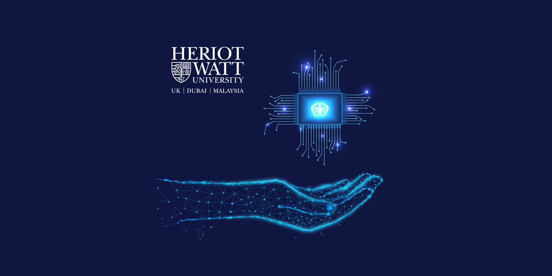 Graphic showing Heriot Watt University logo top LHS, and the outline of a cupped hand with a microchip diagram above it 