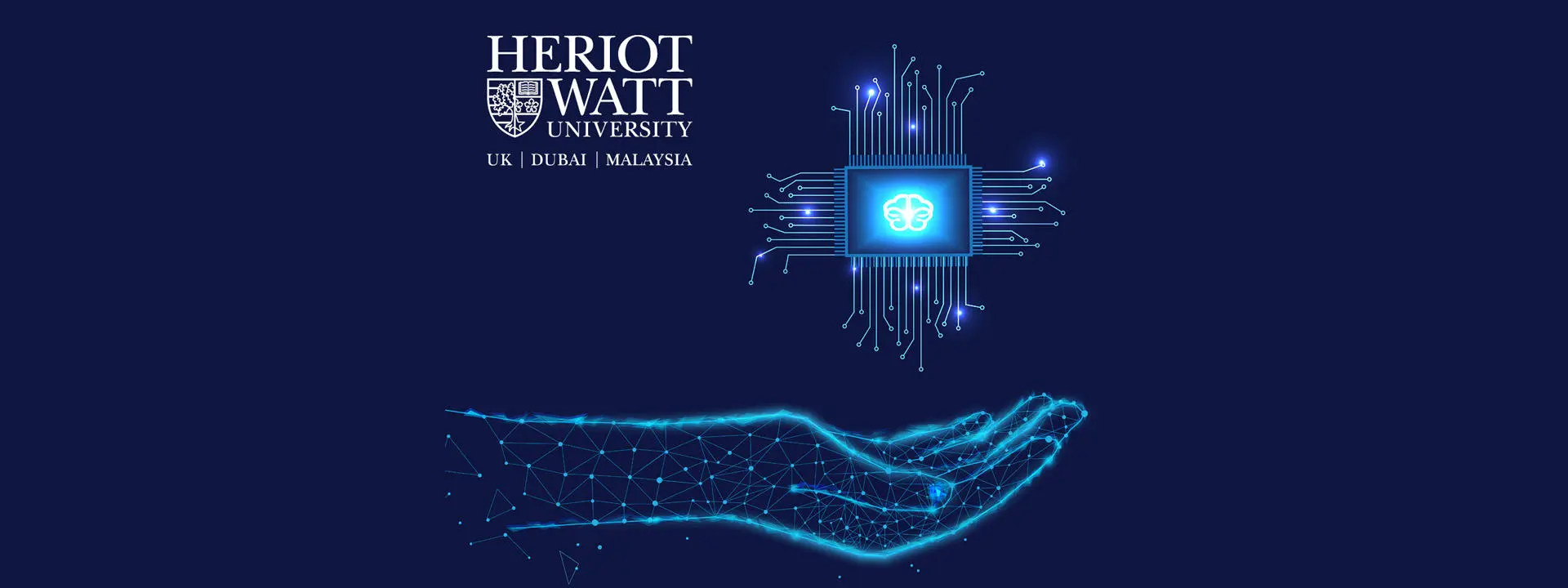 Graphic showing Heriot Watt University logo top LHS, and the outline of a cupped hand with a microchip diagram above it