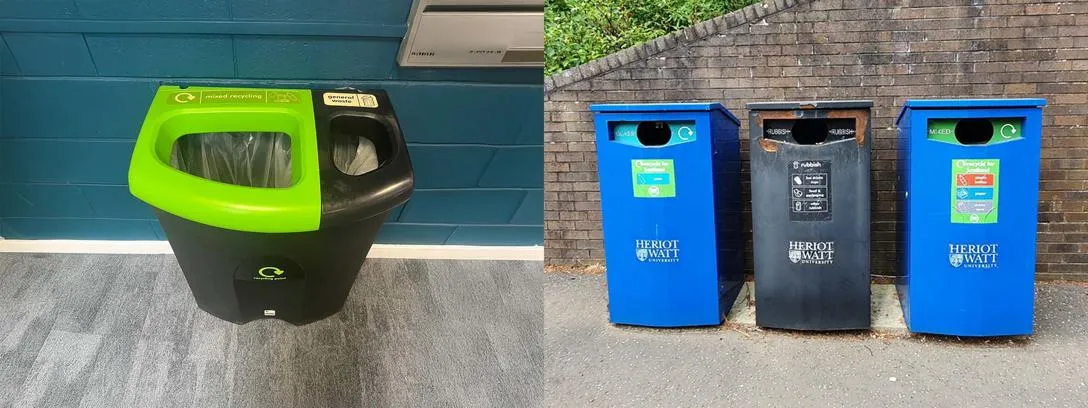 Indoor bins: Green (dry mixed recycling), black (general waste). Outdoor bins: blue (glass), black (general waste), blue (dry mixed recycling) Outdoor and indoor bins for glass, dry mixed recycling and general waste