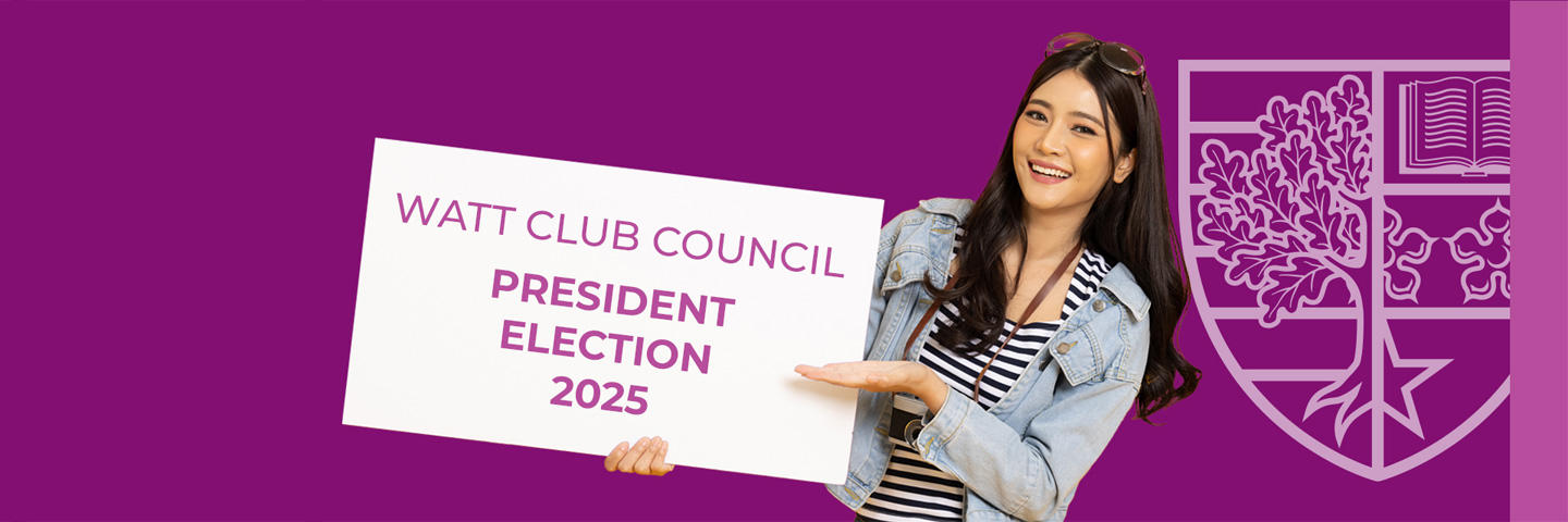 A smiling student holding a sign promoting the Watt-Club council election.