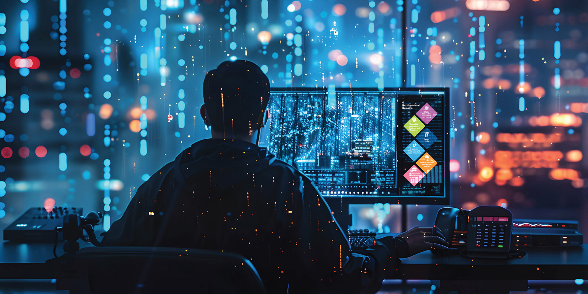 A person sits at a desk with a computer, overlooking a cityscape through a window in the background.