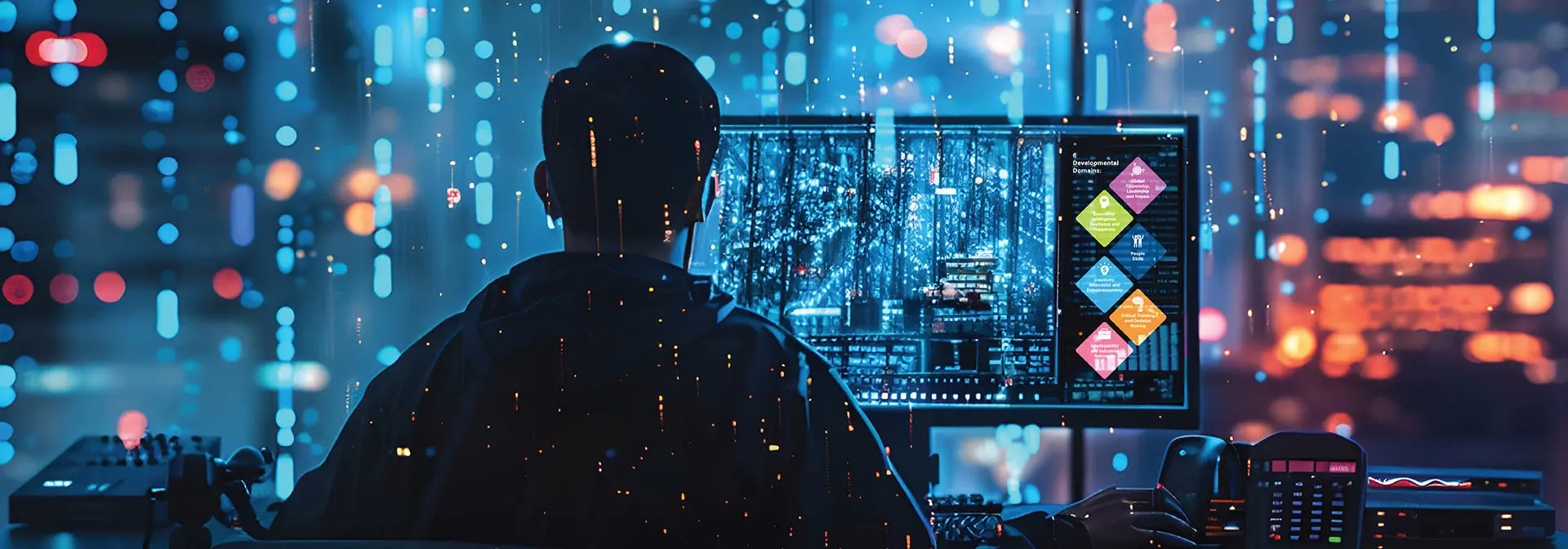 A person sits at a desk with a computer, overlooking a cityscape through a window in the background.