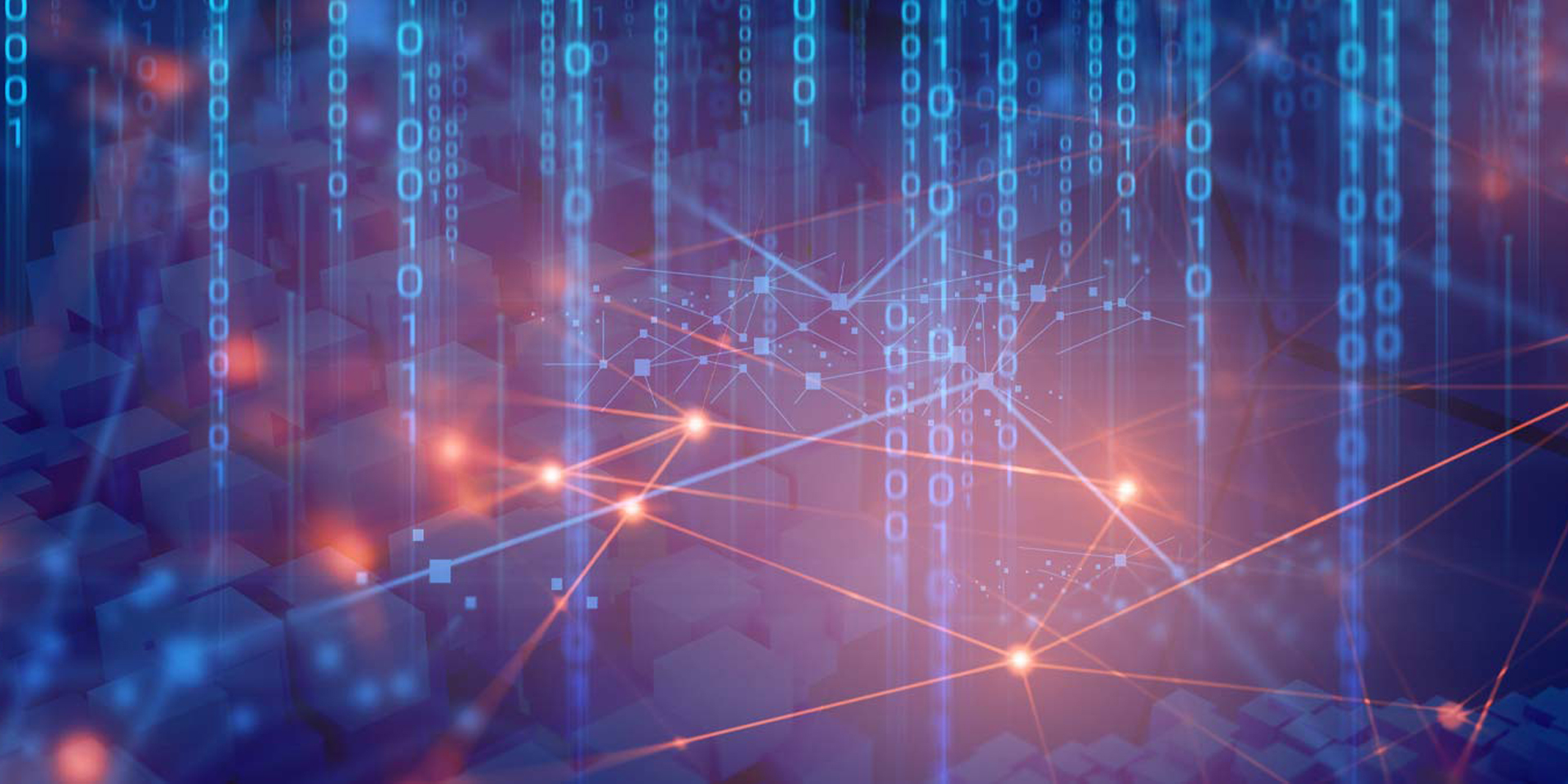 Abstract digital network with glowing orange nodes connected by lines and cascading blue binary code.