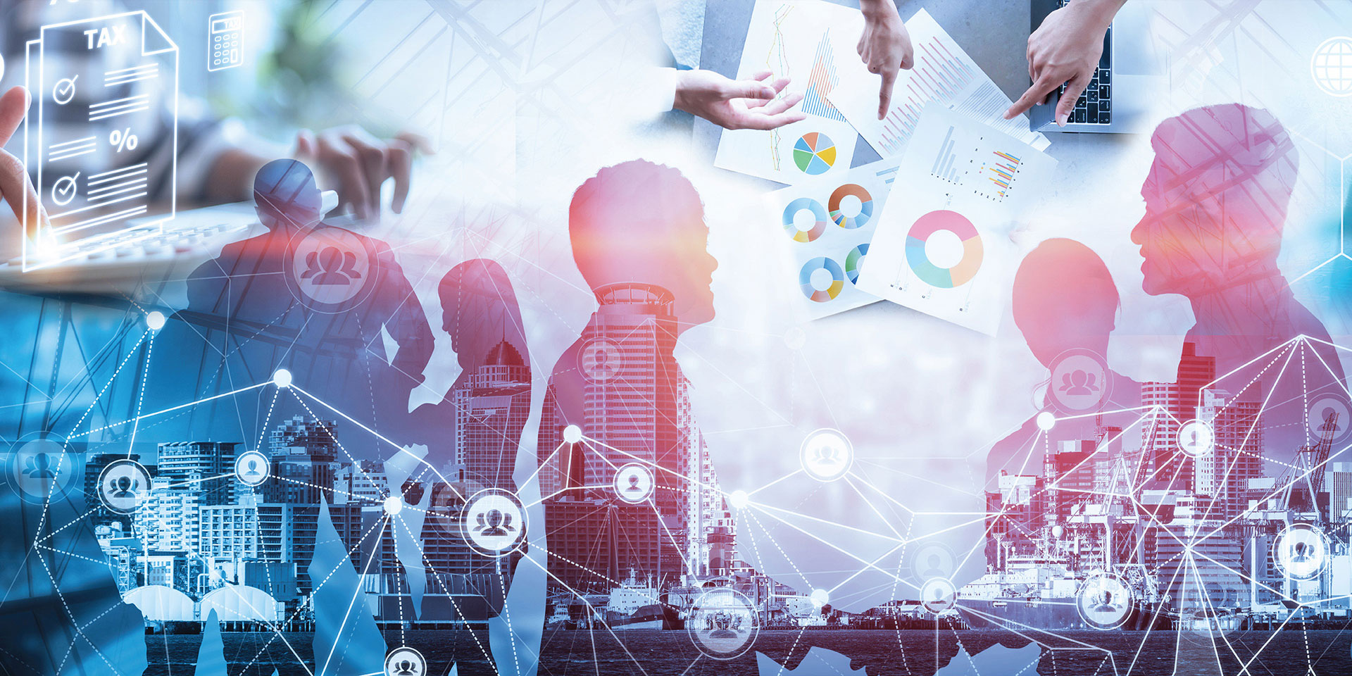 Business professionals collaborating around a computer displaying a business network diagram.