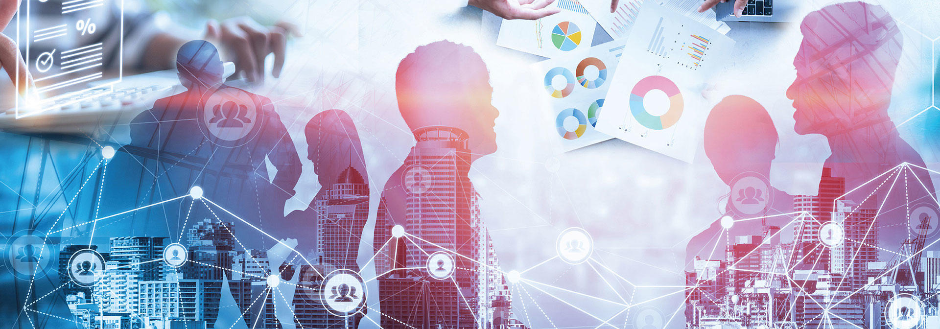 Business professionals collaborating around a computer displaying a business network diagram.