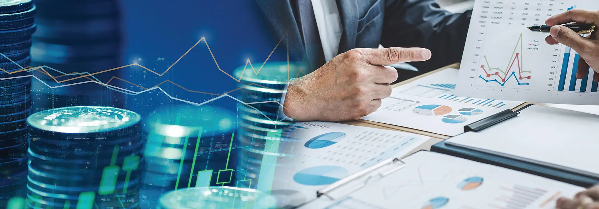 A group of business people reviewing charts and coins, discussing financial strategies.