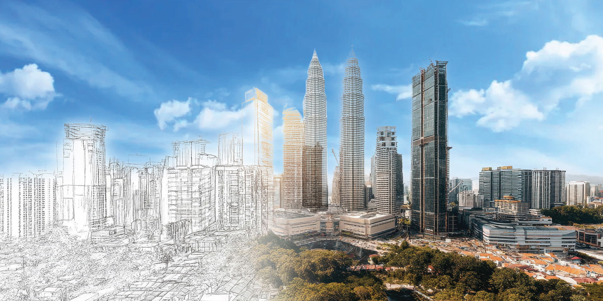 Illustration of a bustling city with towering skyscrapers set against a bright blue sky.