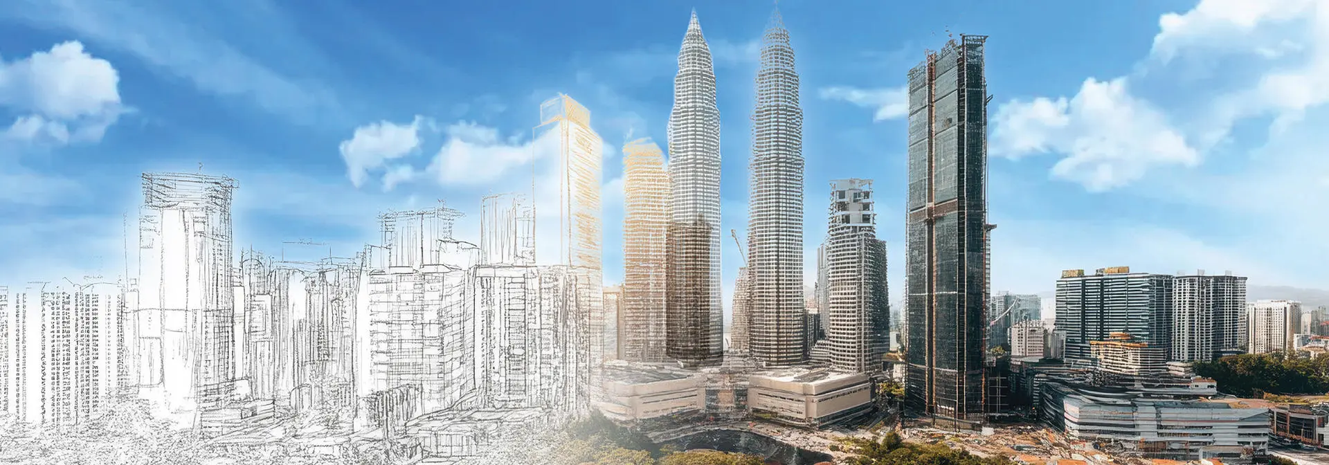 Illustration of a bustling city with towering skyscrapers set against a bright blue sky.