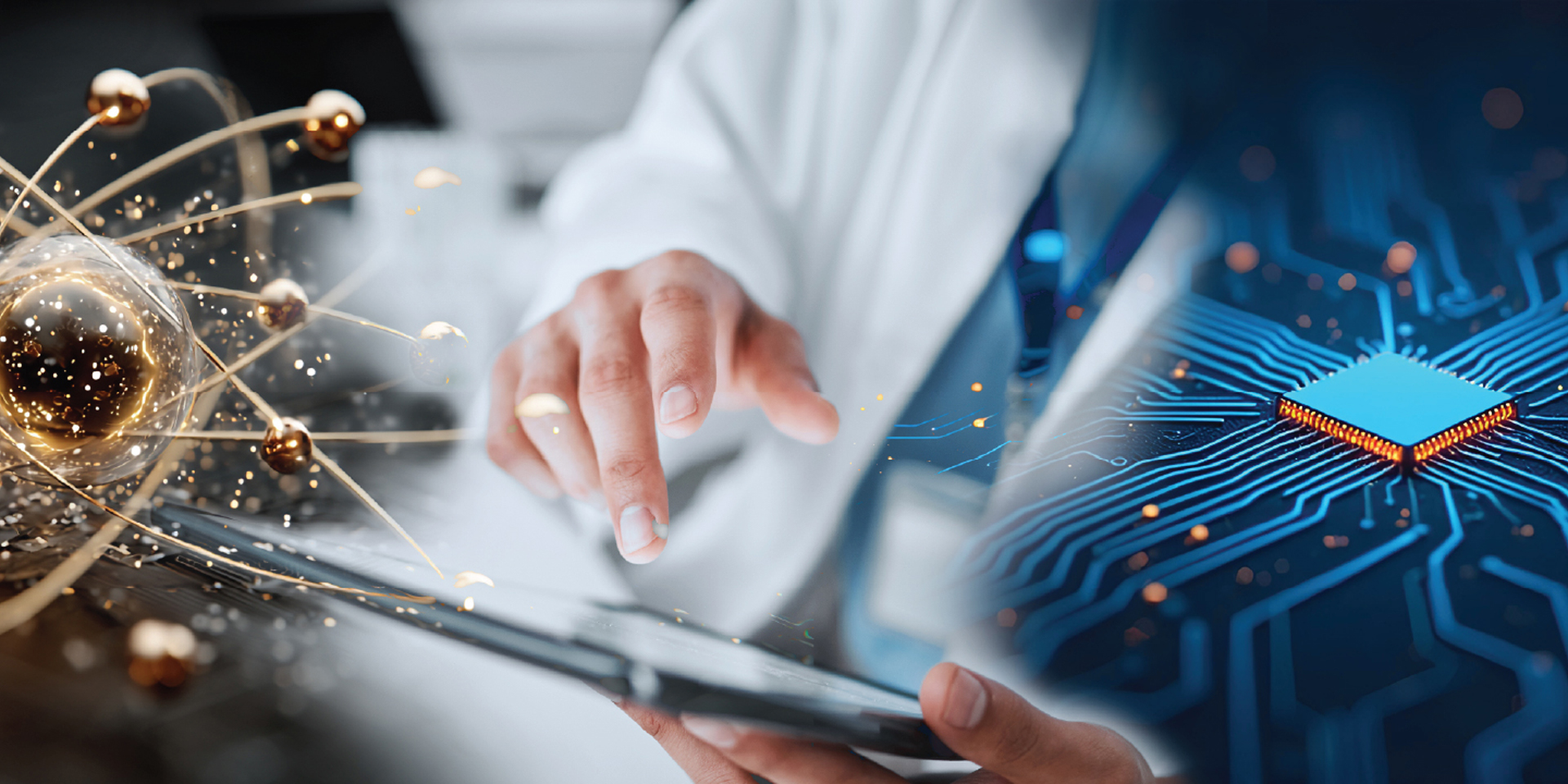 Person using a tablet with digital atomic model and blue microchip circuit overlayed.