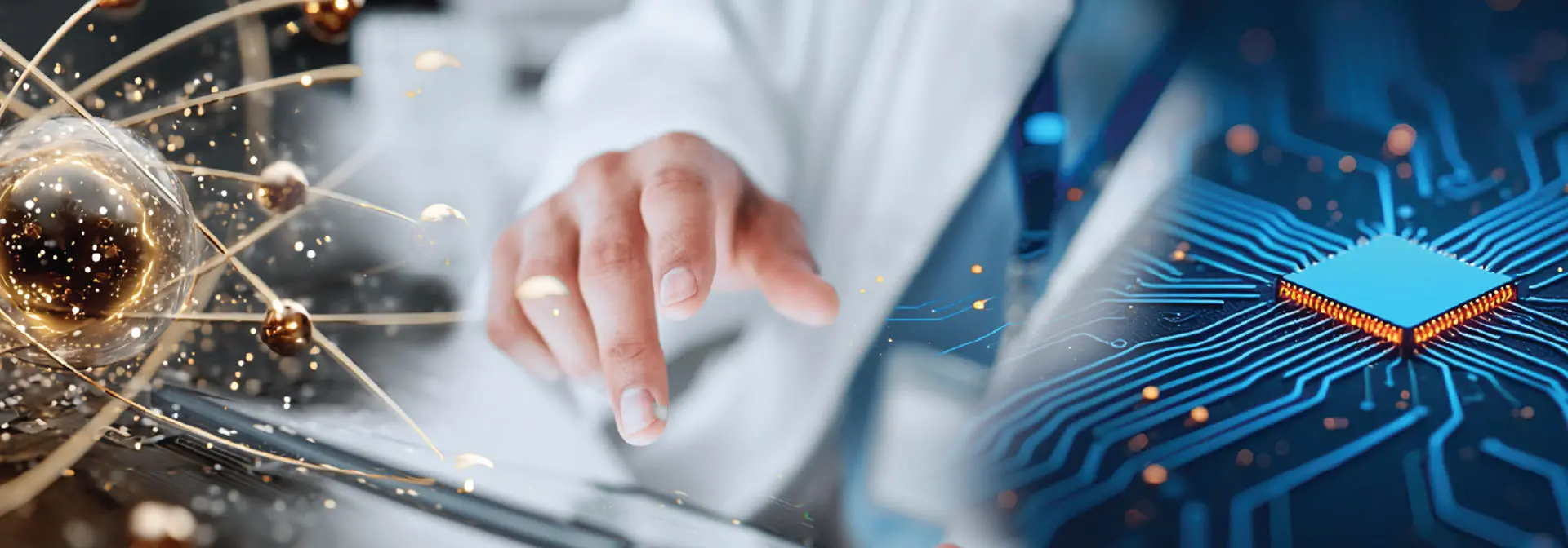Person using a tablet with digital atomic model and blue microchip circuit overlayed.